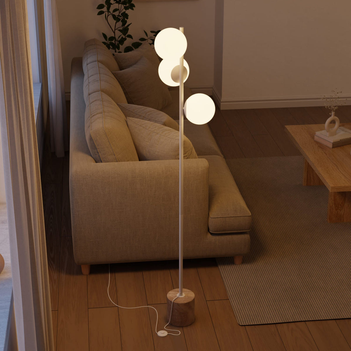 Perlina - Lámpara de Pie de Tres Globos de Cristal con Base de Piedra