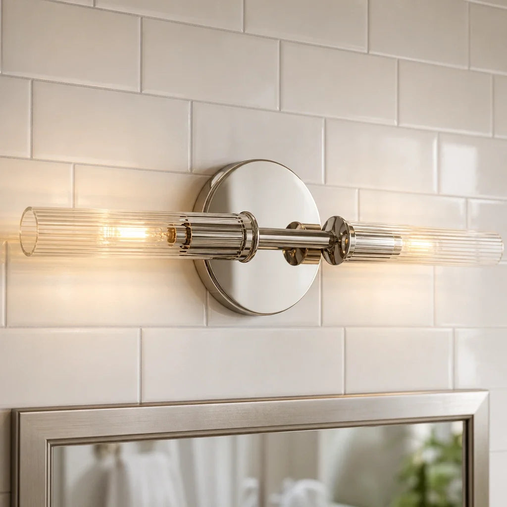 Aplique de pared de cristal estriado Junquela – cromo, 2 luces