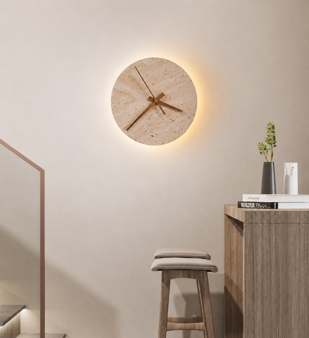 Ylven - Lámpara de Pared con Reloj de Travertino Beige y Luz LED Integrada – Aplique Pared Minimalista para Baño y Espacios Exteriores