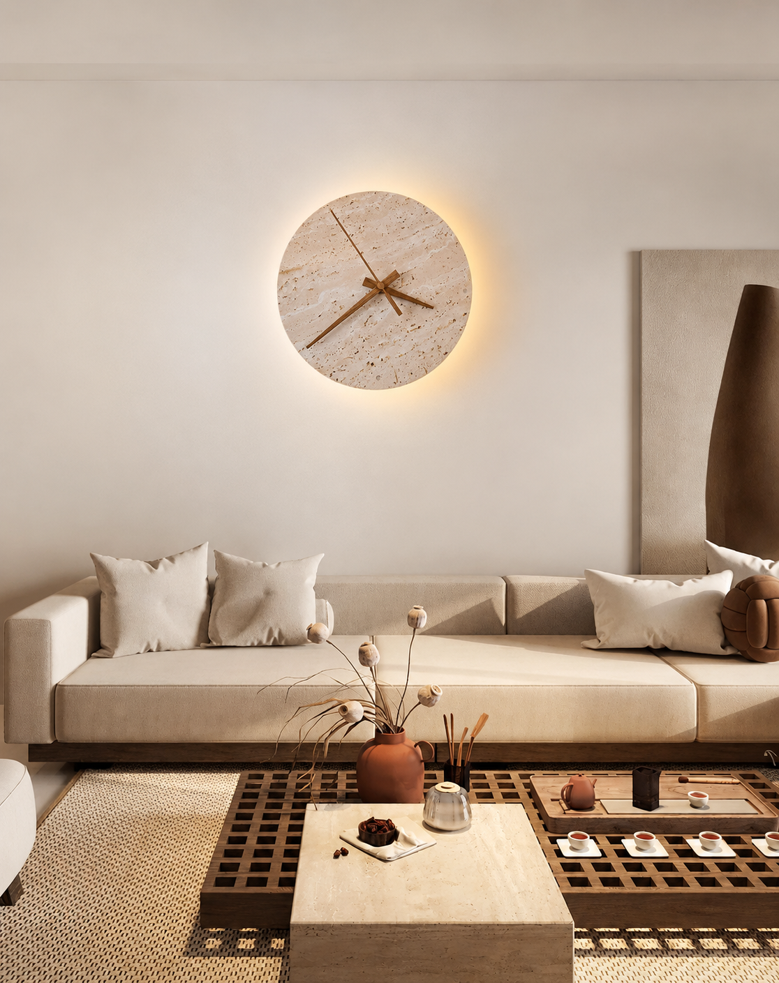 Ylven - Lámpara de Pared con Reloj de Travertino Beige y Luz LED Integrada – Aplique Pared Minimalista para Baño y Espacios Exteriores