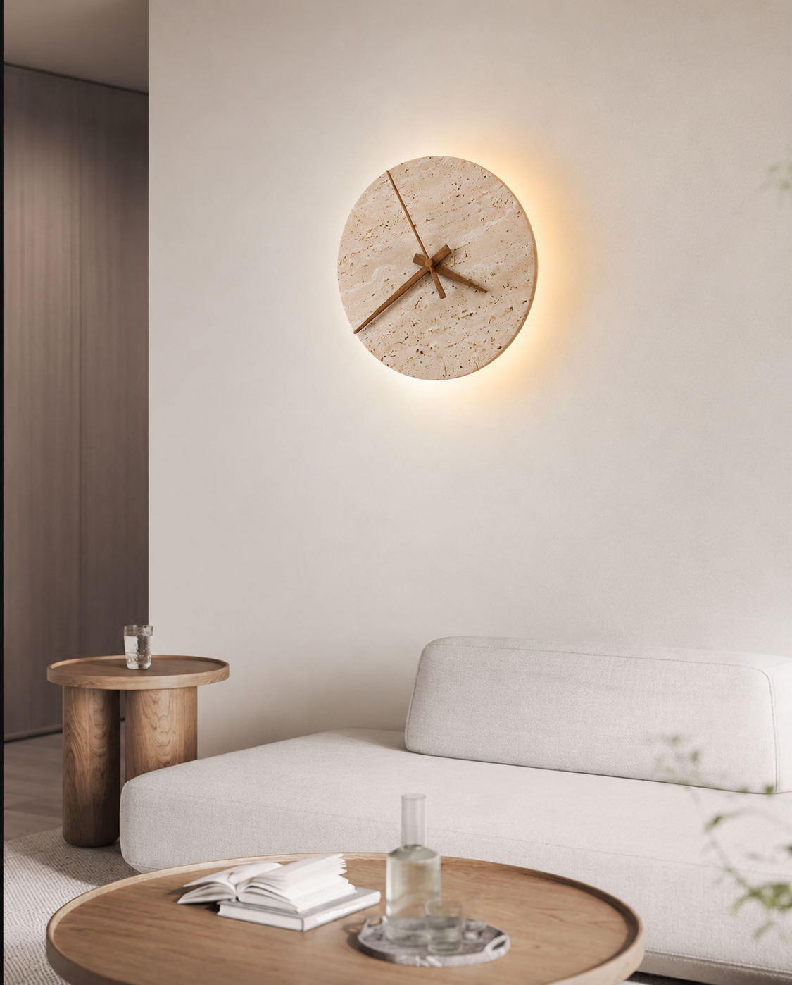 Ylven - Lámpara de Pared con Reloj de Travertino Beige y Luz LED Integrada – Aplique Pared Minimalista para Baño y Espacios Exteriores