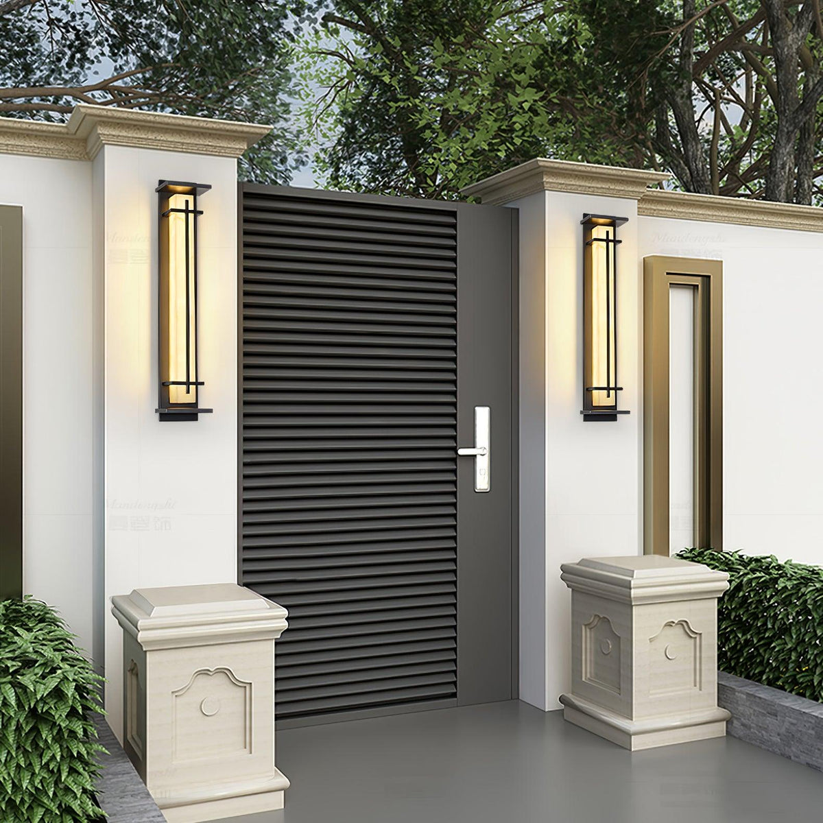 Aplique de pared exterior LED Xalba con efecto alabastro en una fachada al anochecer – imagen 7