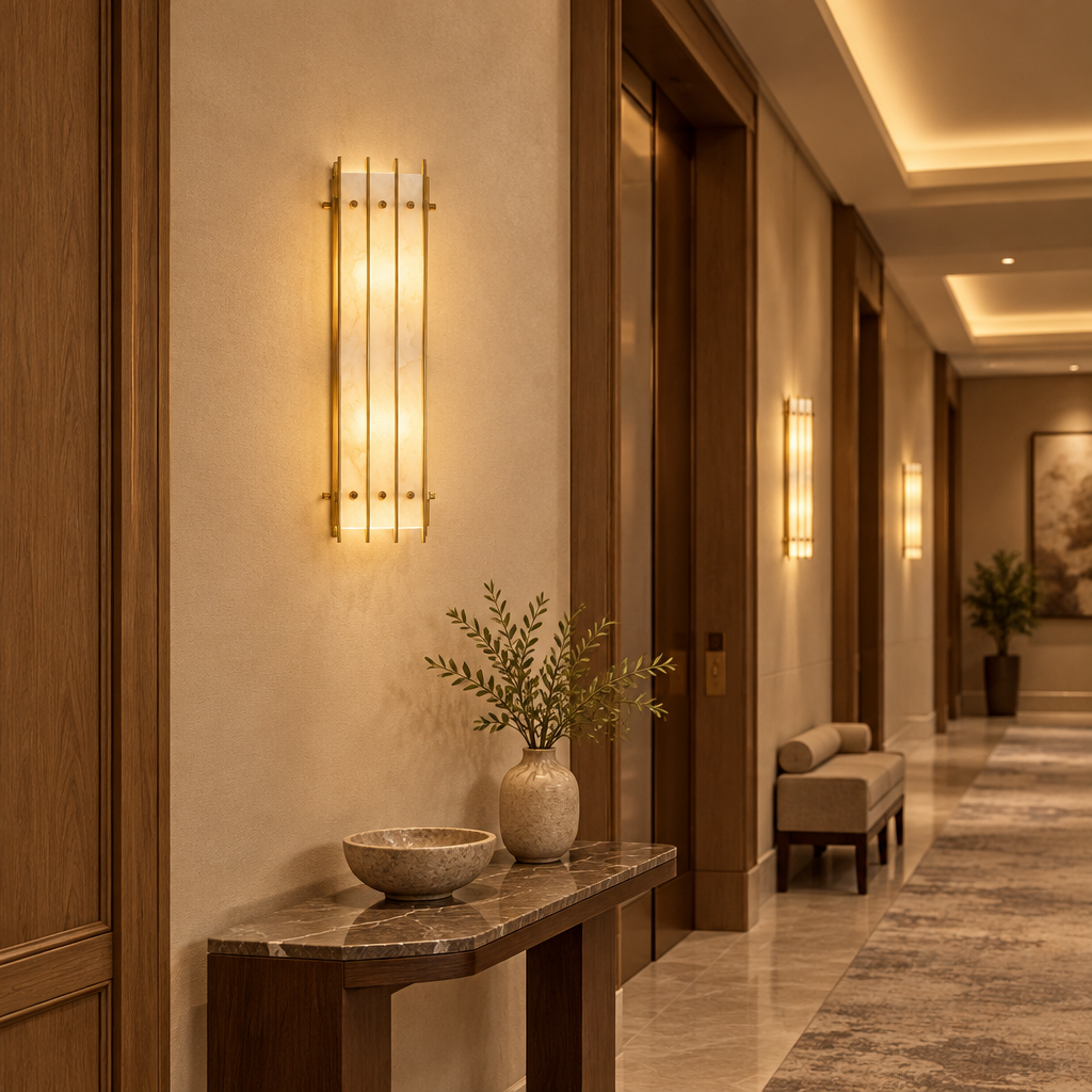 Aplique de pared de mármol natural Wemara – en un pasillo de hotel