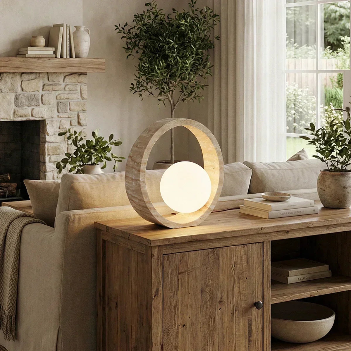Lámpara de mesa de travertino Anella – encendida sobre un aparador de madera en un salón
