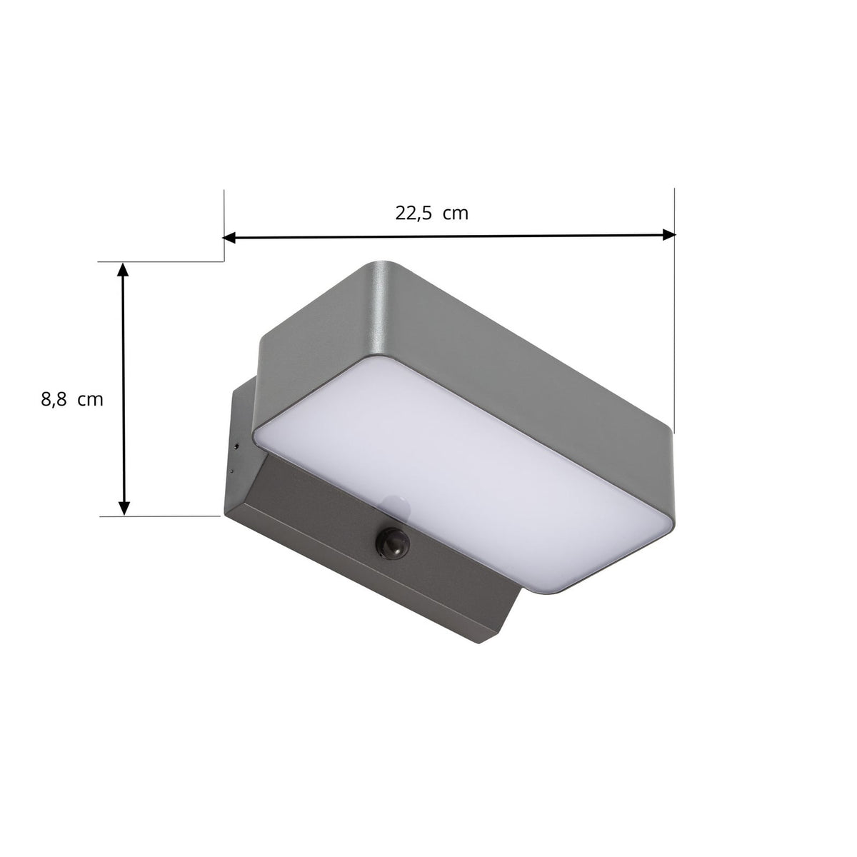 Aplique de pared exterior LED Vigenta con sensor – medidas 22,5 × 8,8 cm