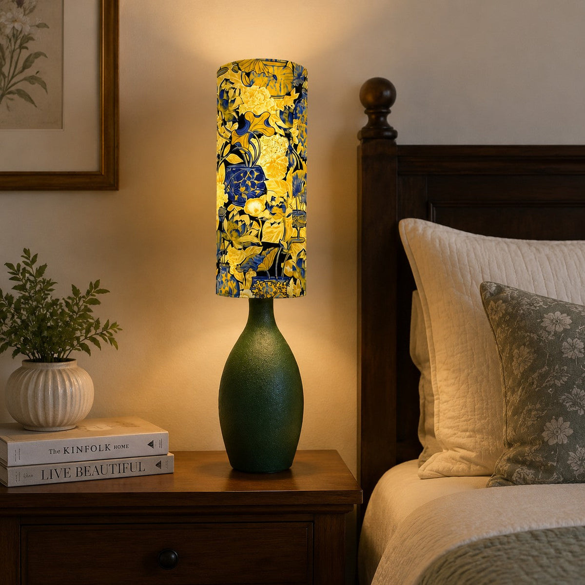 Zinara - Lámpara de Mesa de Cerámica Verde con Pantalla Floral Estampada