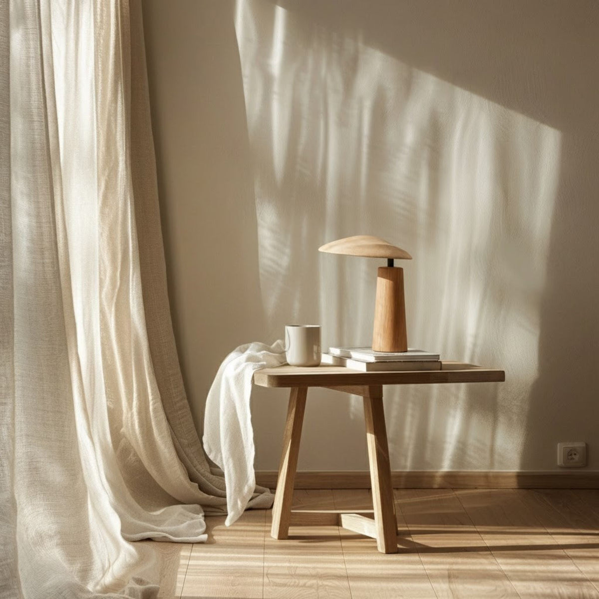 Lámpara de mesa wabi sabi Enebra en un salón japandi – imagen 2