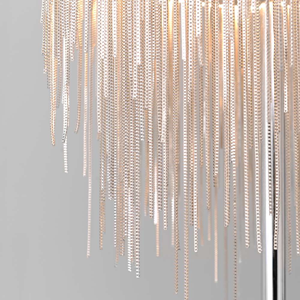 Lámpara de pie LED con flecos cromados Rizalda – detalle de los flecos de cadena