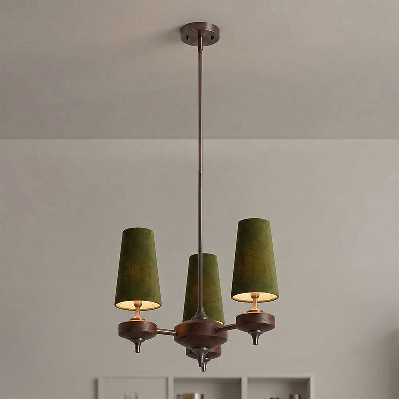 Lámpara de araña con pantallas de terciopelo Cuadrante – 3 luces, terciopelo verde