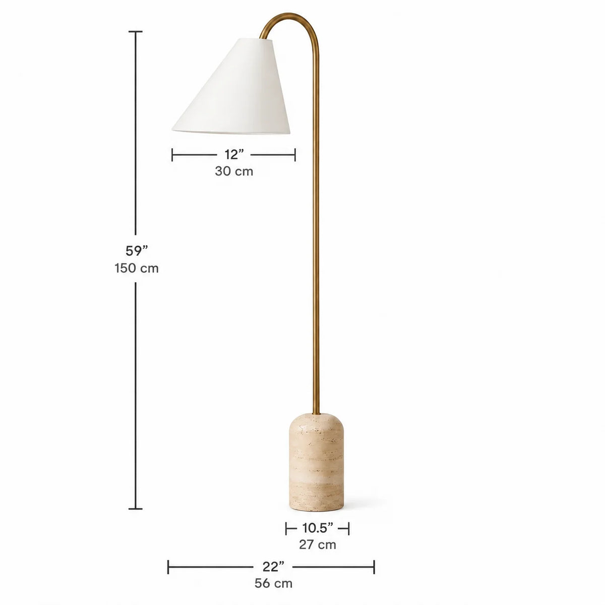 Lámpara de pie curva Torvina – medidas de 150 cm de alto y 56 cm de ancho