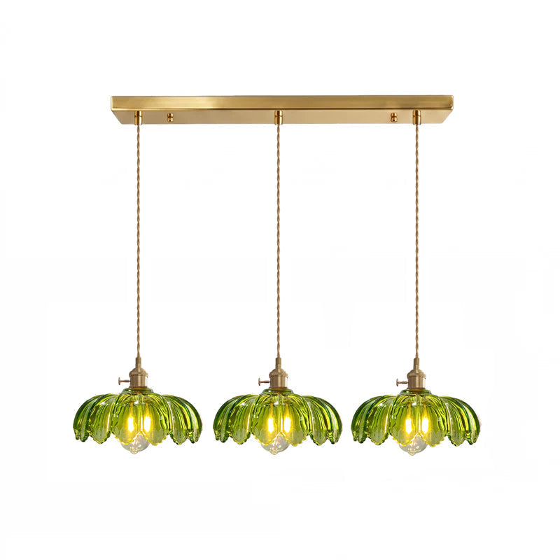 Lámpara colgante retro de latón Esmalda – 3 luces cristal verde