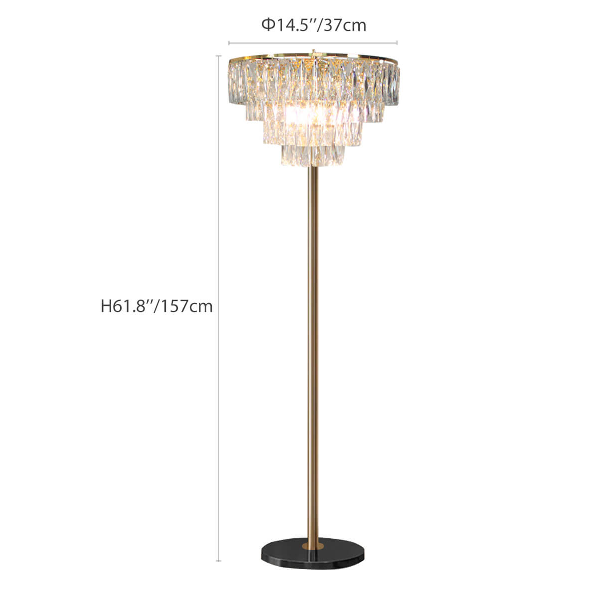 Lámpara de pie de cristal Quiralda – esquema con medidas de Ø 37 por 157 cm