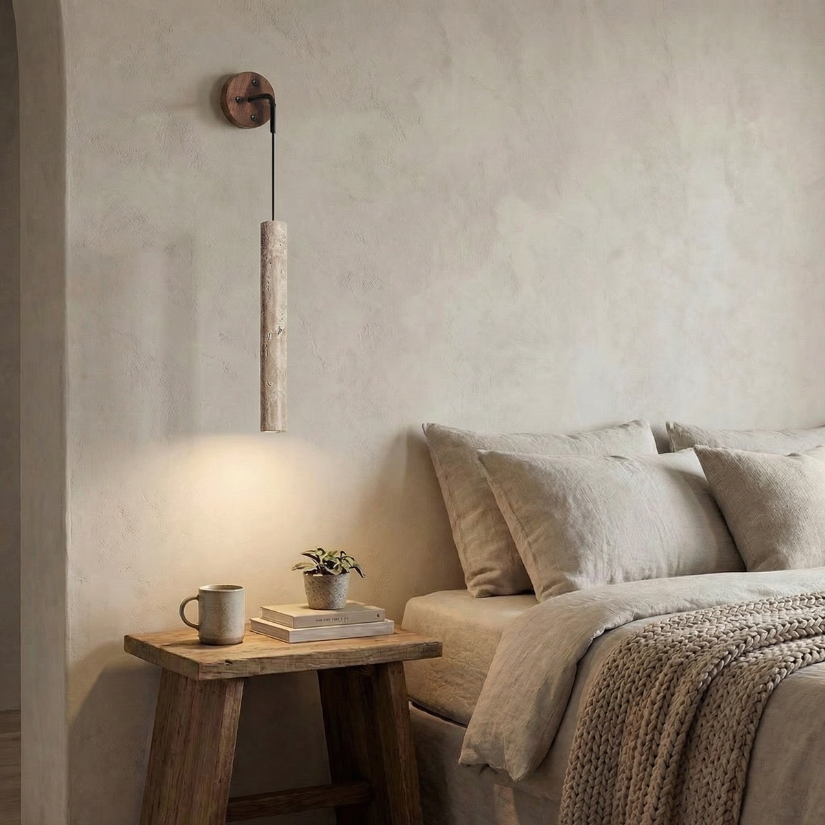 Aplique de pared con tubo de travertino Velcana – travertino beige sobre una mesilla de noche