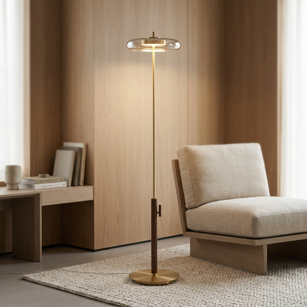 Nimara - Lámpara de Pie LED con Disco de Cristal Latón y Nogal Macizo