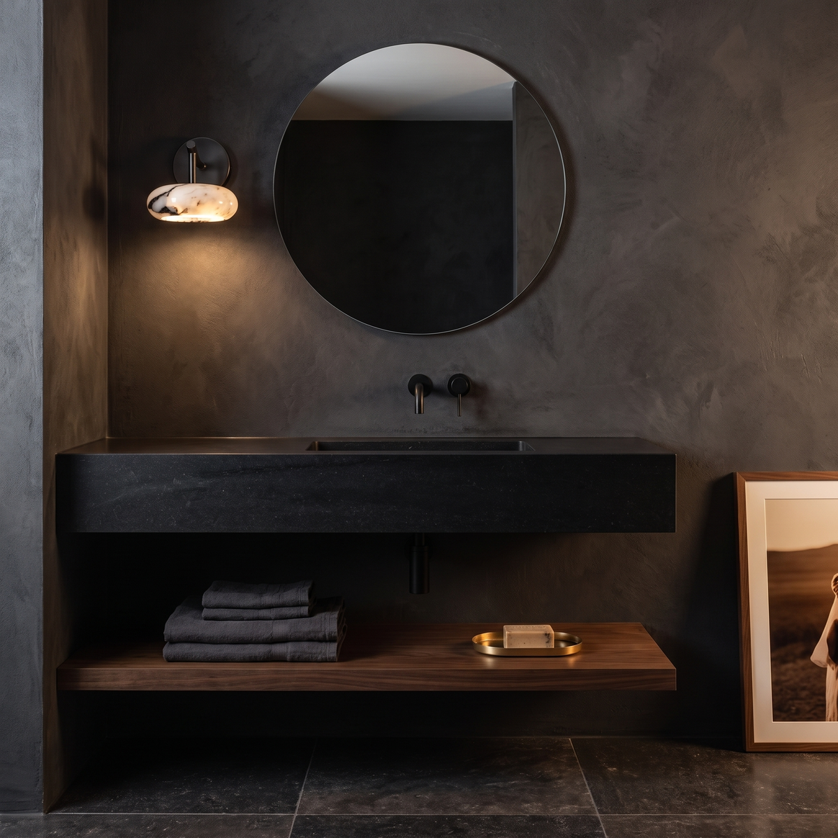 Aplique de pared LED de mármol Wacanto – en un baño oscuro