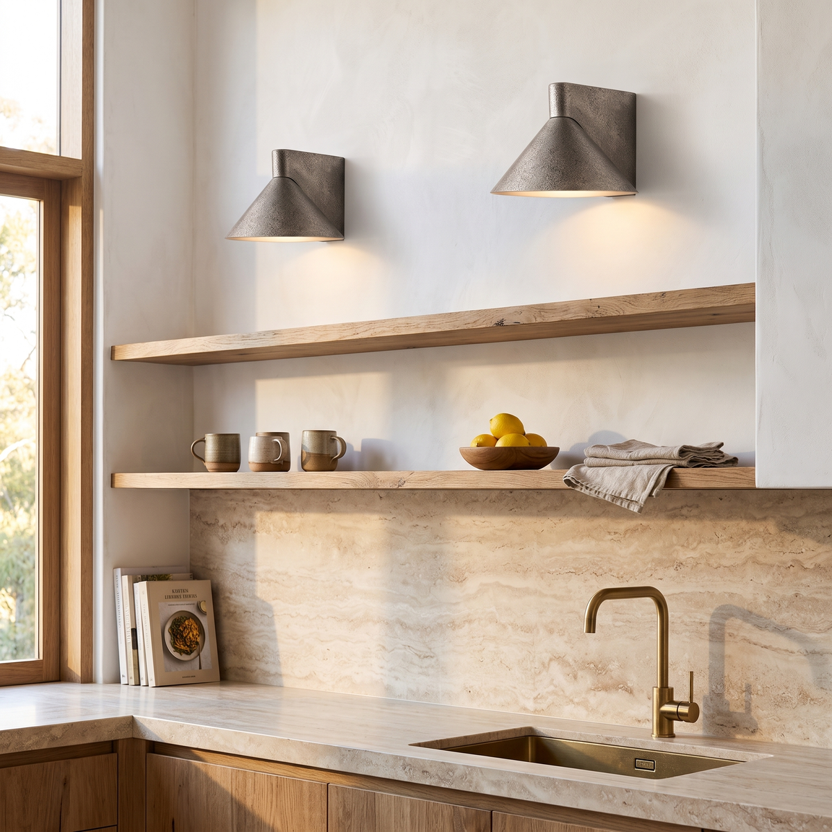 Aplique de pared LED Xaferra de hierro forjado – sobre los estantes de una cocina