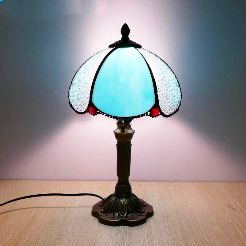 Lámpara de mesita Tiffany Delmara – pantalla azul con cristal granulado