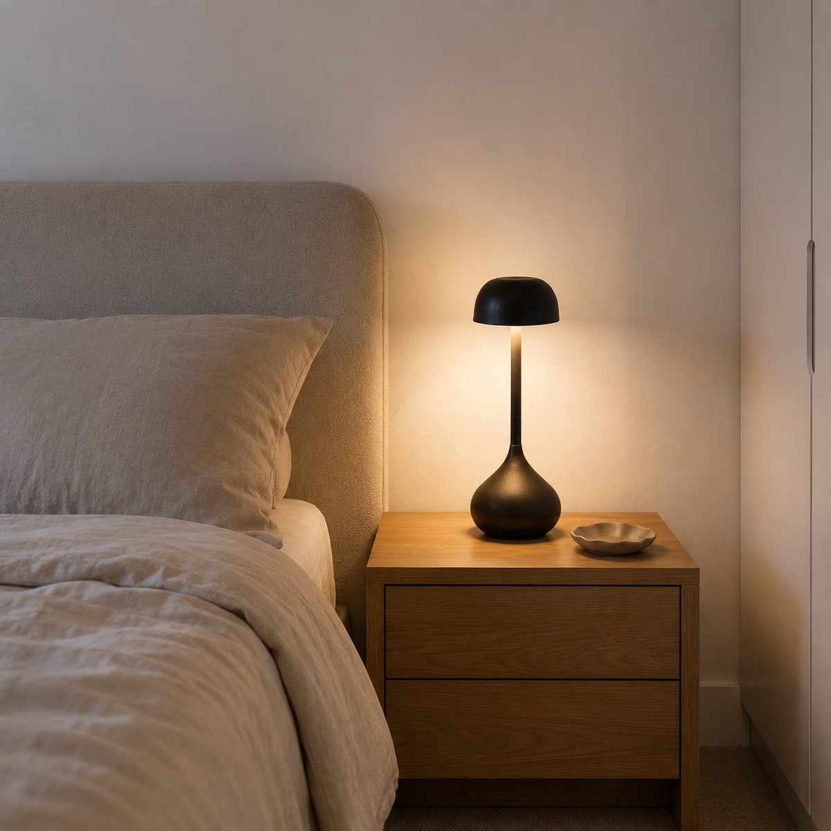 Lámpara de mesa LED recargable Dagota – gris texturizado en una mesita de noche