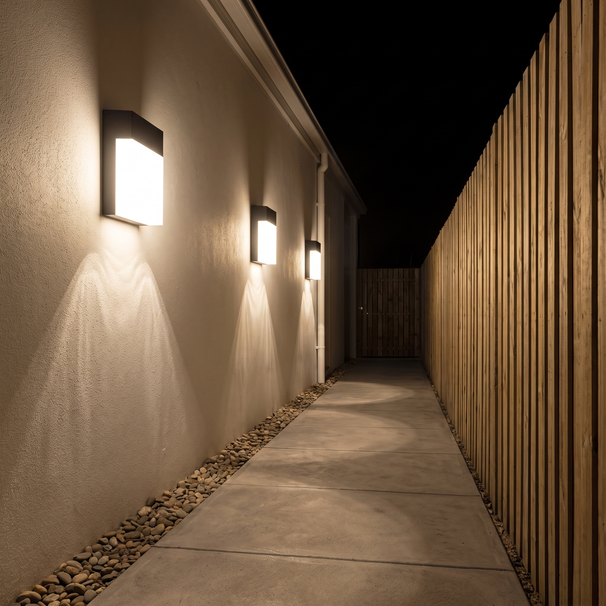 Aplique de pared exterior Nubera – en un pasillo lateral de noche