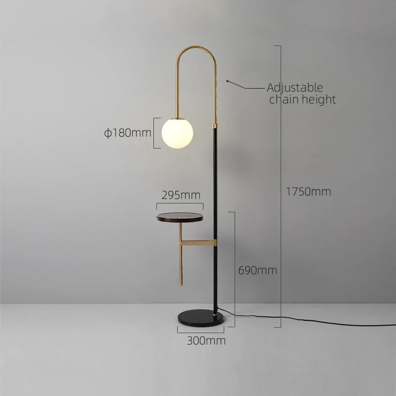 Lámpara de pie de arco con mesita Ulmena – con globo de cristal opal y medidas