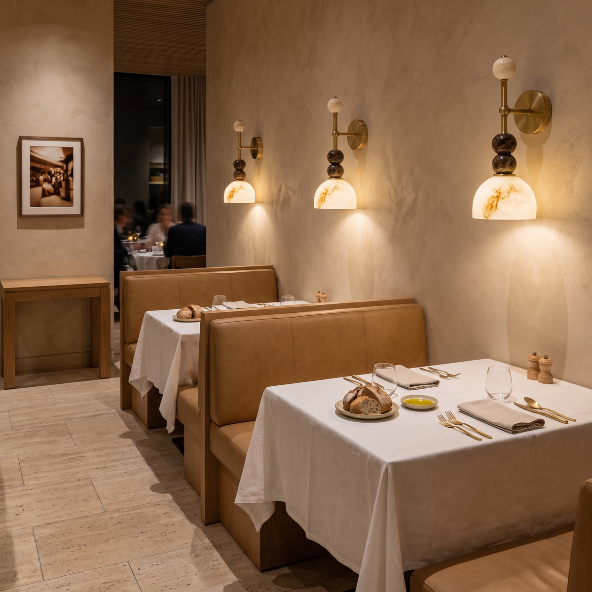 Aplique de pared Umarela de mármol y latón – en un restaurante acogedor