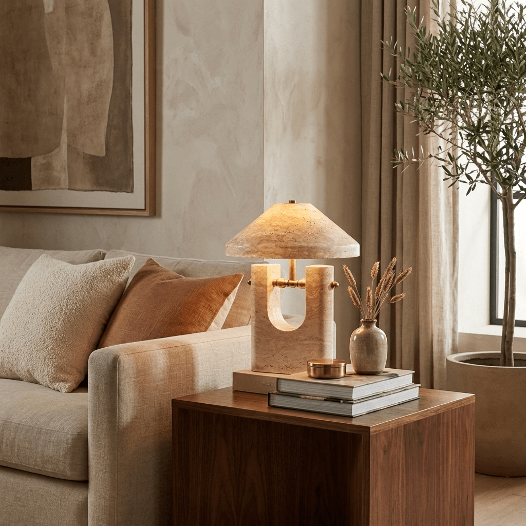 Mavera - Lámpara de Mesa de Travertino Natural con Detalles Dorados