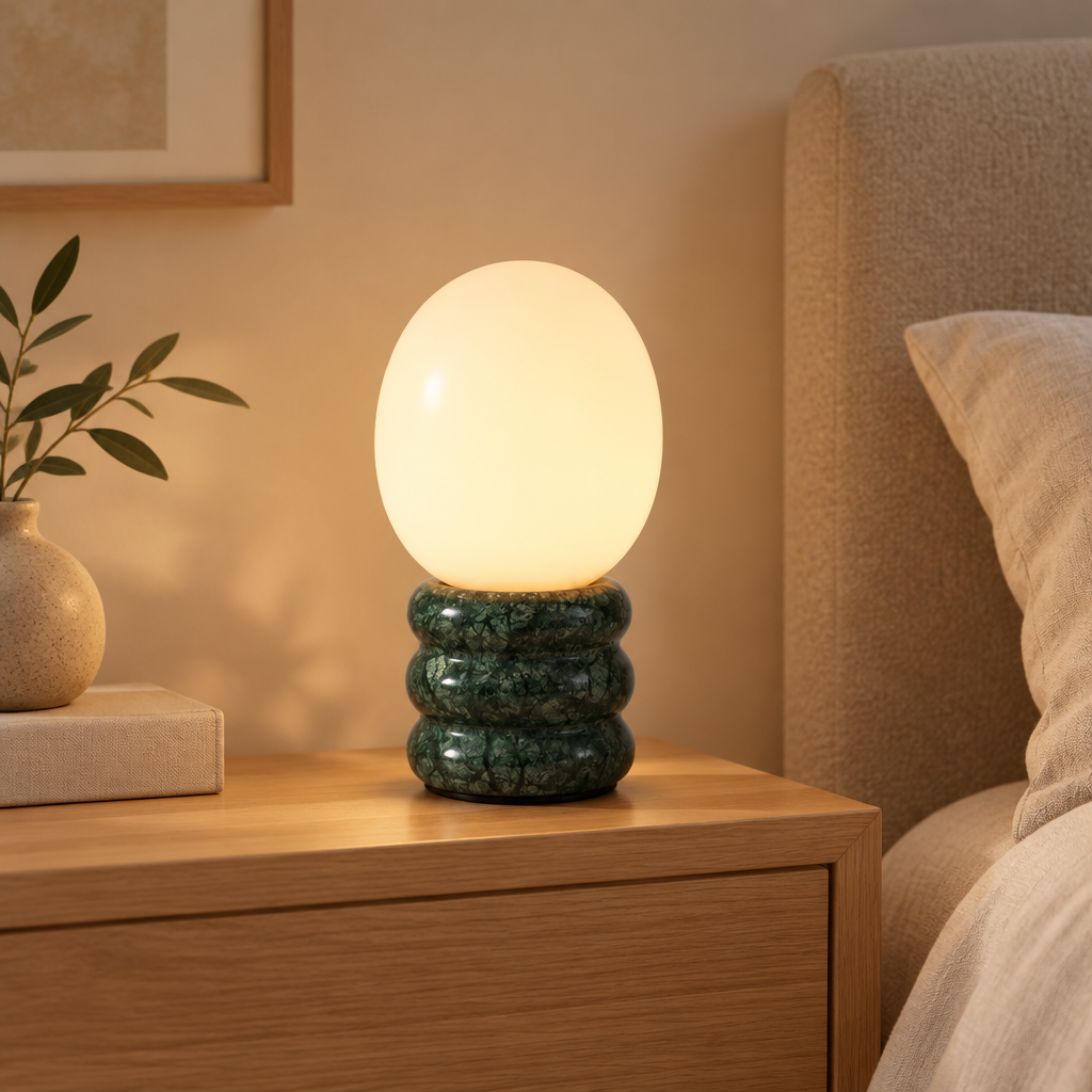 Fabeta - Lámpara de Mesa Recargable con Globo Opal y Base de Piedra