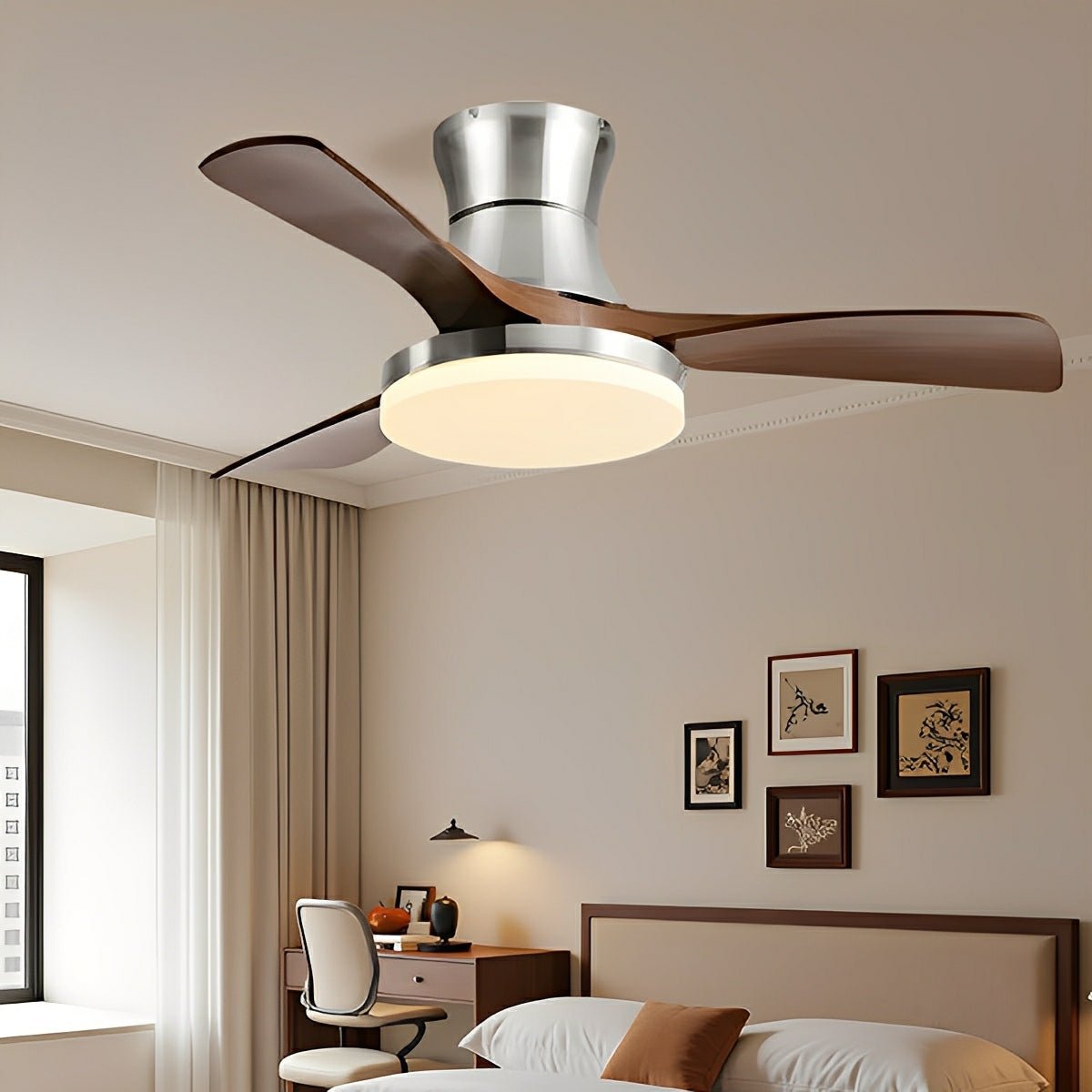 Ventilador de techo con luz Kaleta – níquel y nogal
