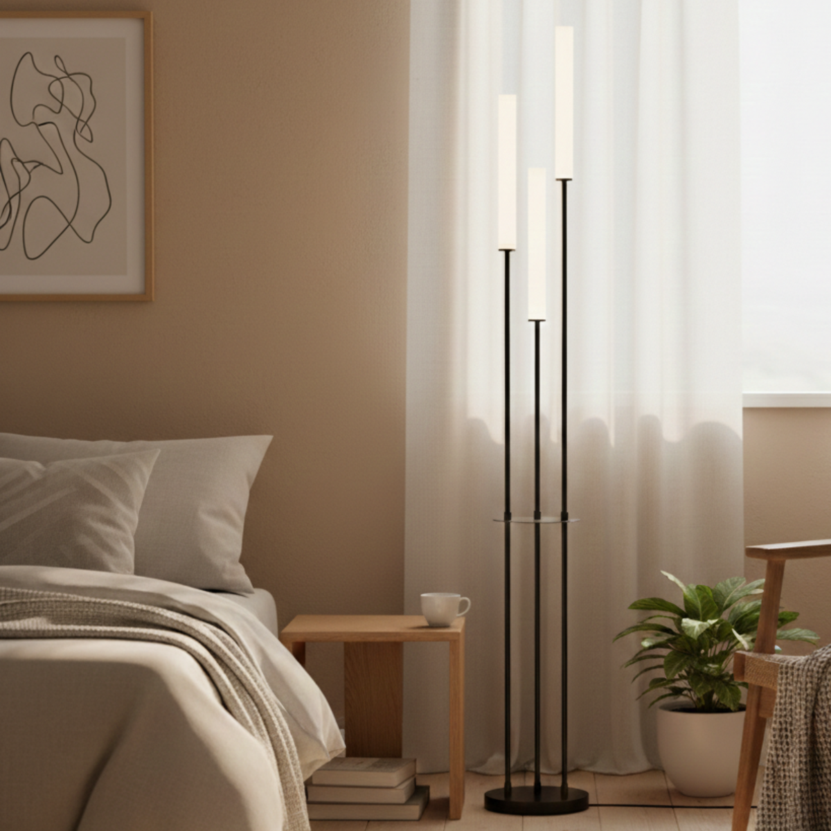 Lámpara de pie LED tres luces Trivela en un salón minimalista – imagen 2