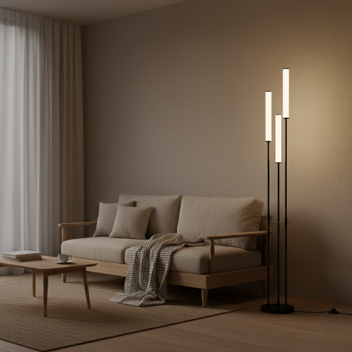 Lámpara de pie LED tres luces Trivela en un salón minimalista – imagen 4