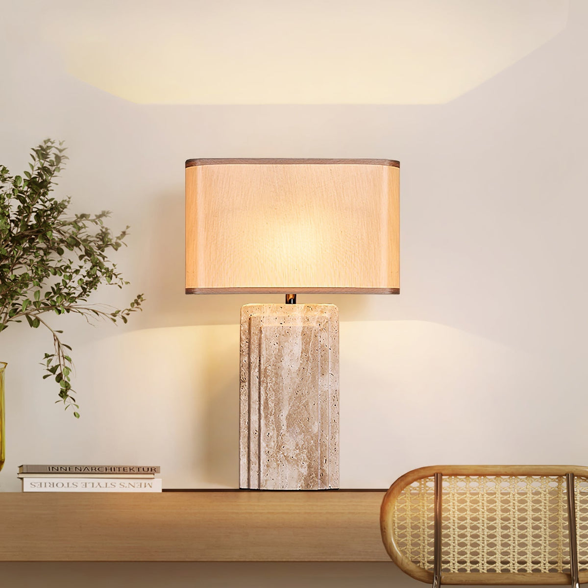 Murelo - Lámpara de Mesa de Travertino con Pantalla de Tela Beige