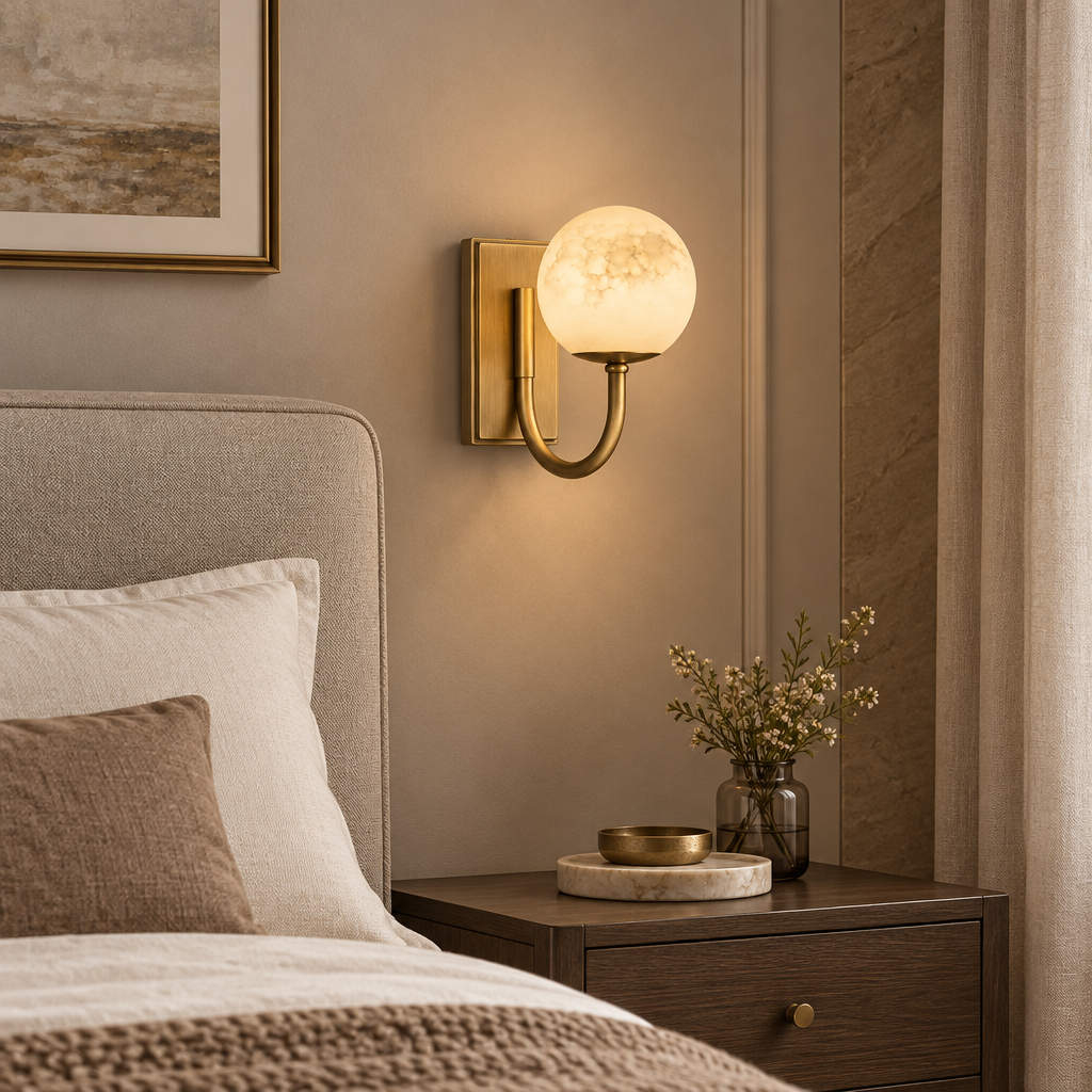 Aplique de pared Yesela con globo de alabastro – junto a la cama en un dormitorio