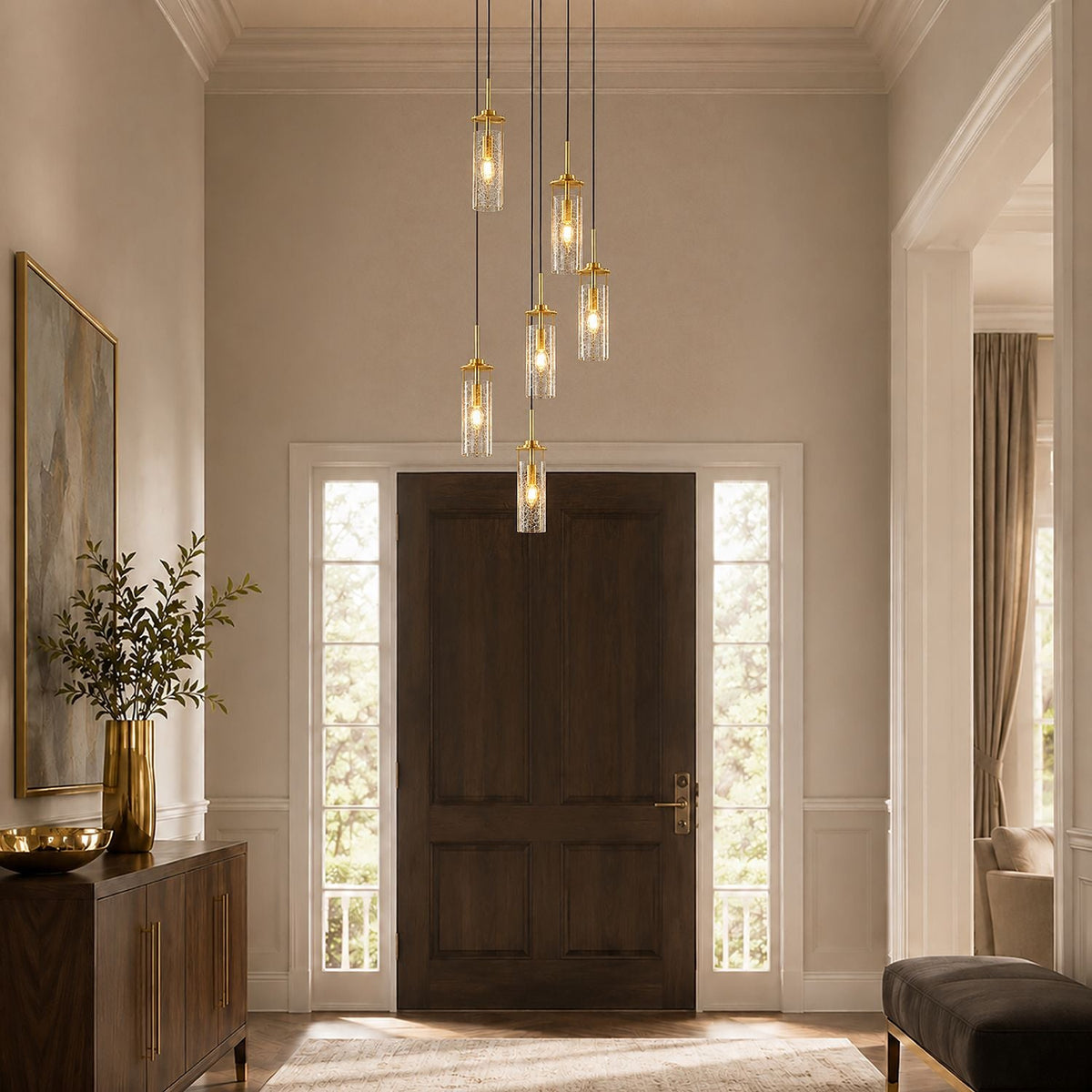 Lámpara de araña en cascada Brenela – en un recibidor de doble altura