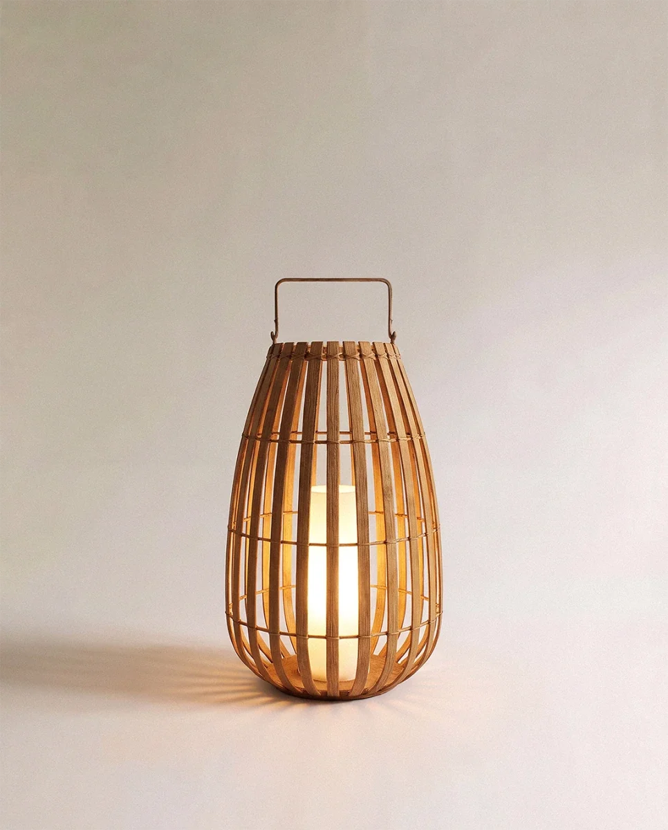 Omimbra - Farol LED de Exterior de Ratán Natural con Asa de Acero