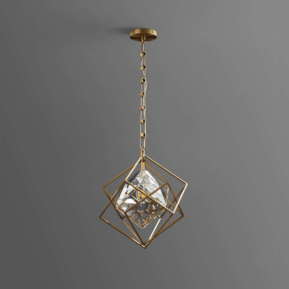 Geomira - Lámpara Colgante Geométrica de Latón con Cubo de Cristal