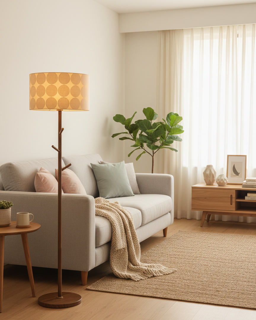 Lámpara de pie perchero Ramiela – encendida en un salón luminoso