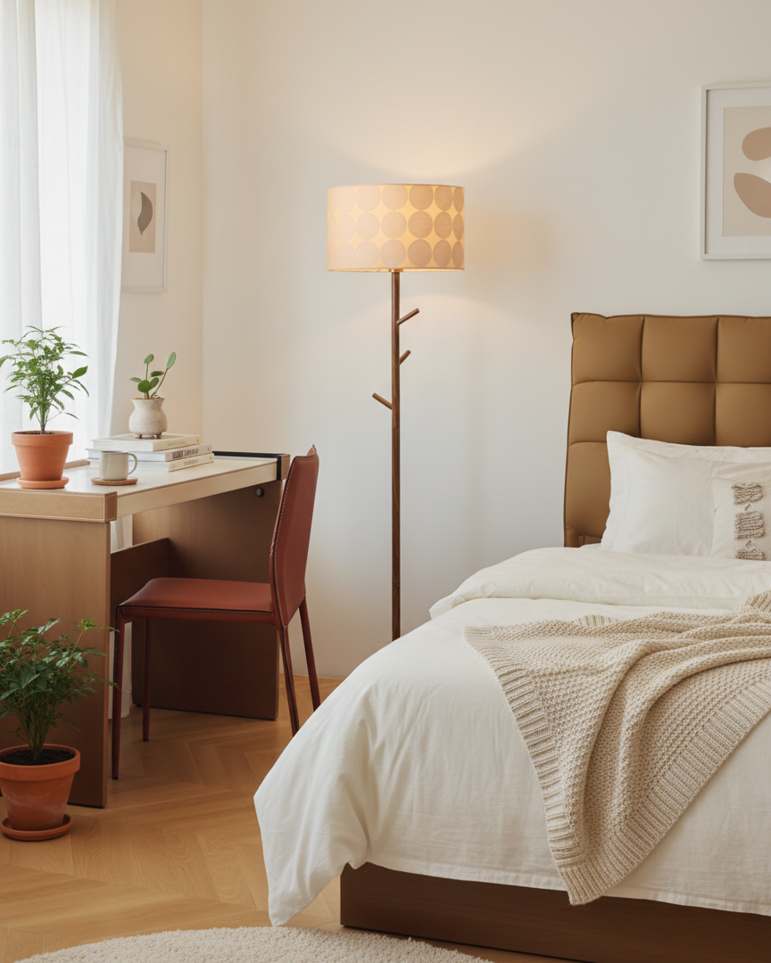 Lámpara de pie perchero Ramiela en un dormitorio de estilo nórdico – imagen 6