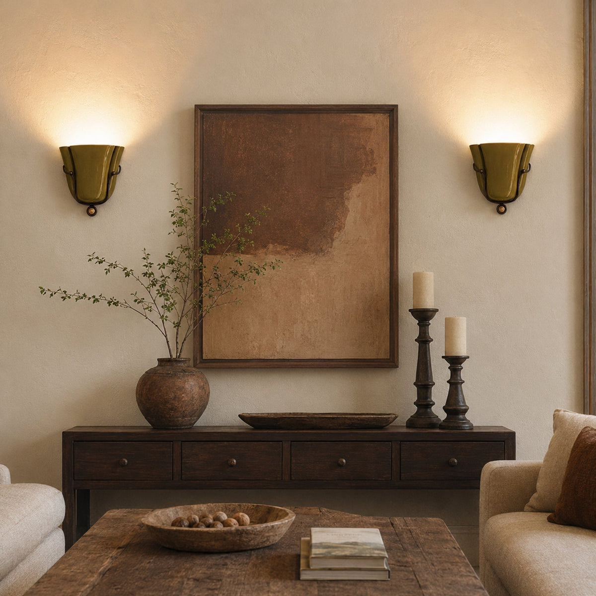 Aplique de pared de cerámica Zelmira – pareja de apliques verde oliva en un salón