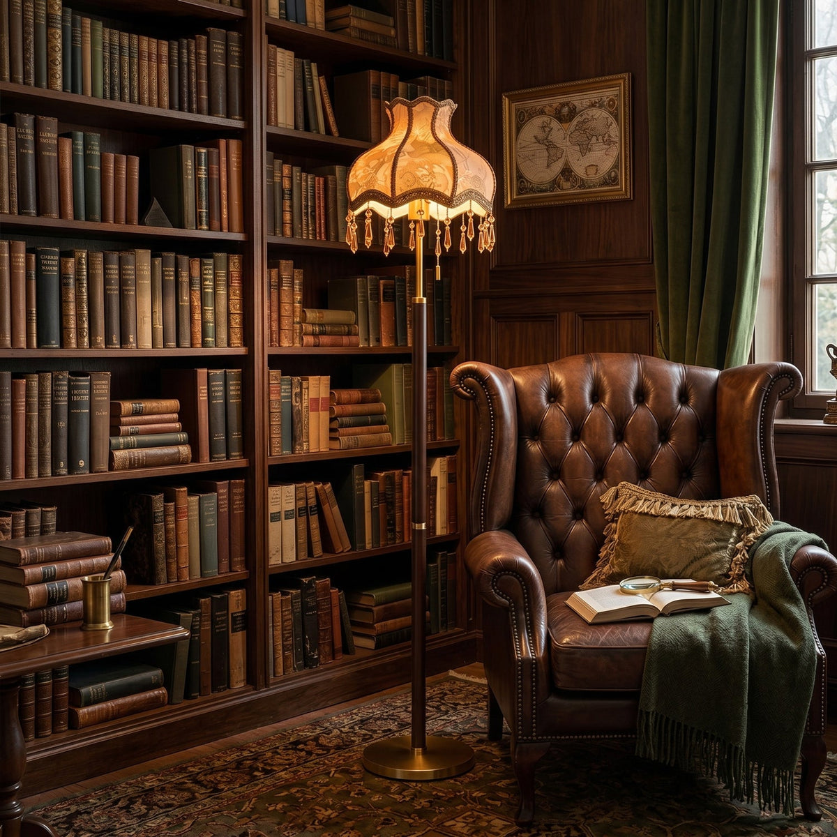 Lámpara de pie vintage Rizandra – junto a una biblioteca y un sillón de piel