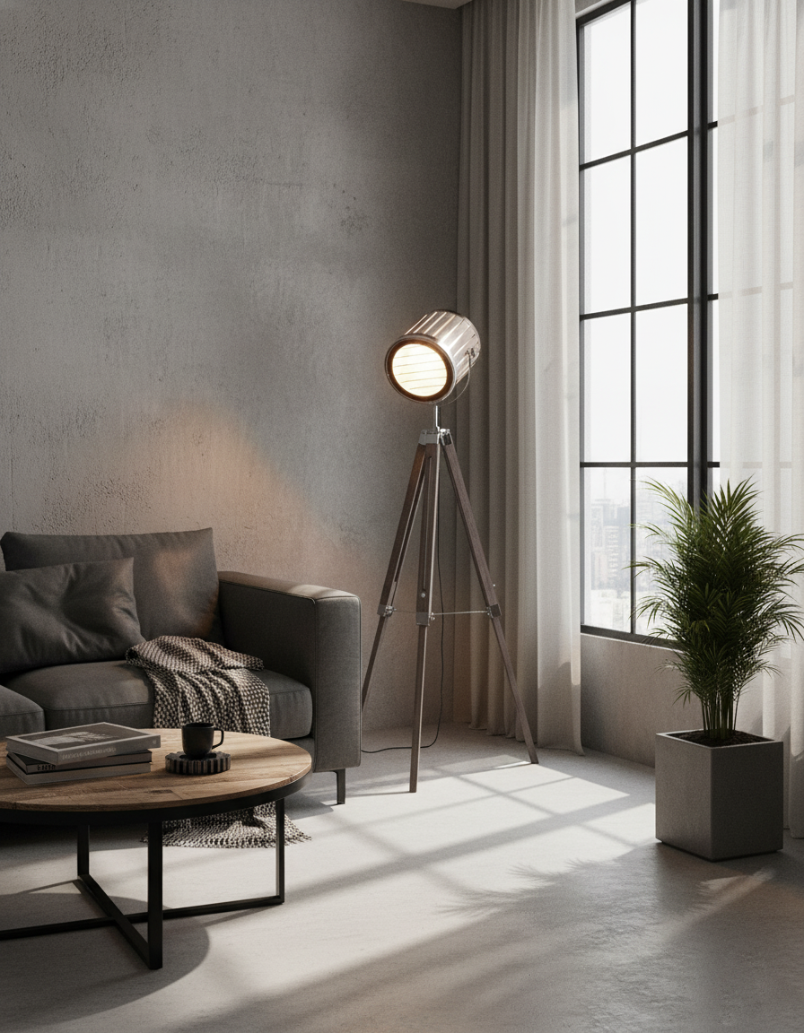 Lámpara de pie trípode Rodira en un salón de estilo industrial – imagen 11
