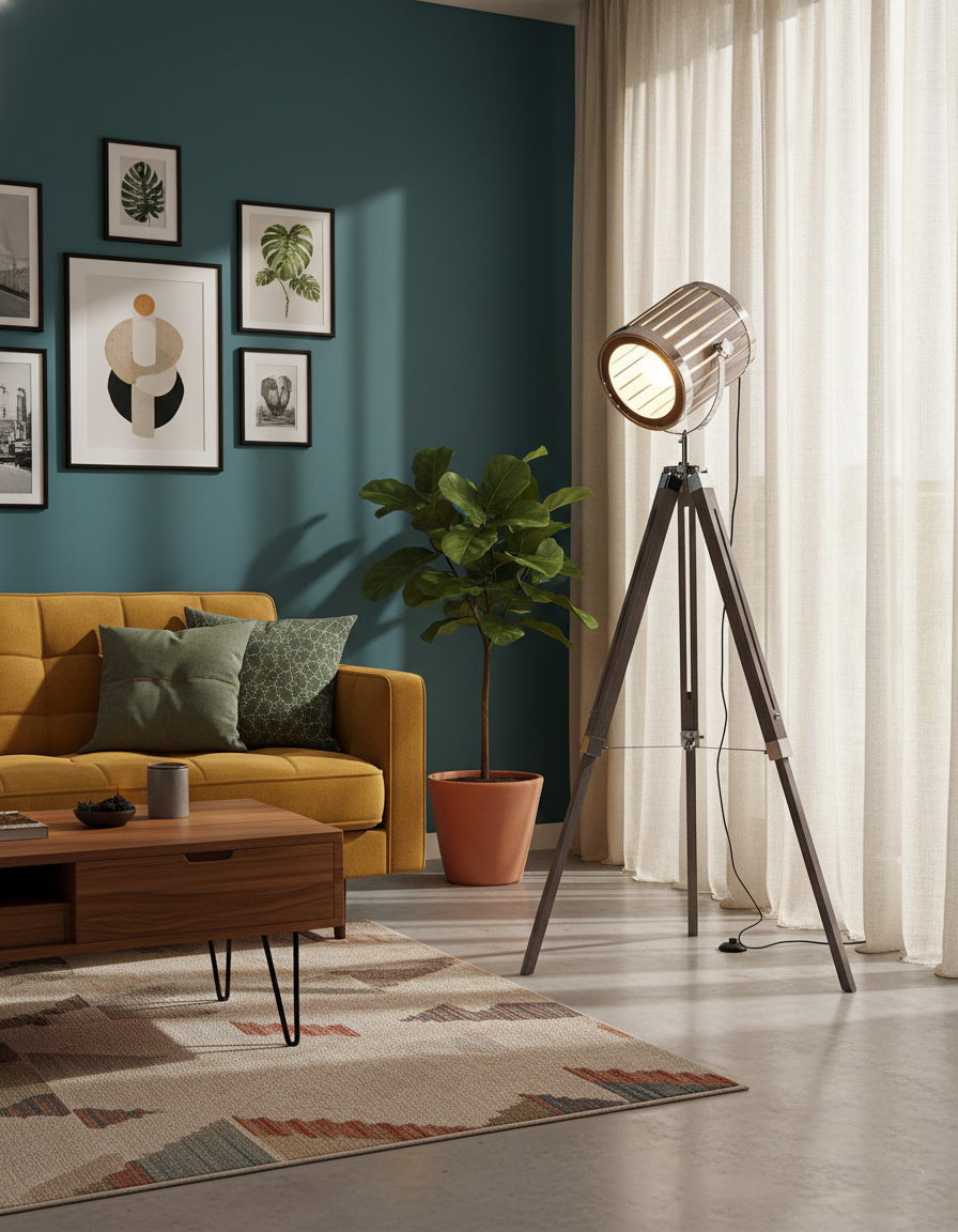 Lámpara de pie trípode Rodira en un salón de estilo industrial – imagen 13