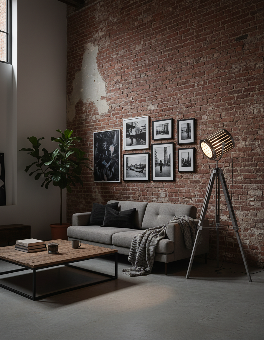 Lámpara de pie trípode Rodira en un salón de estilo industrial – imagen 17
