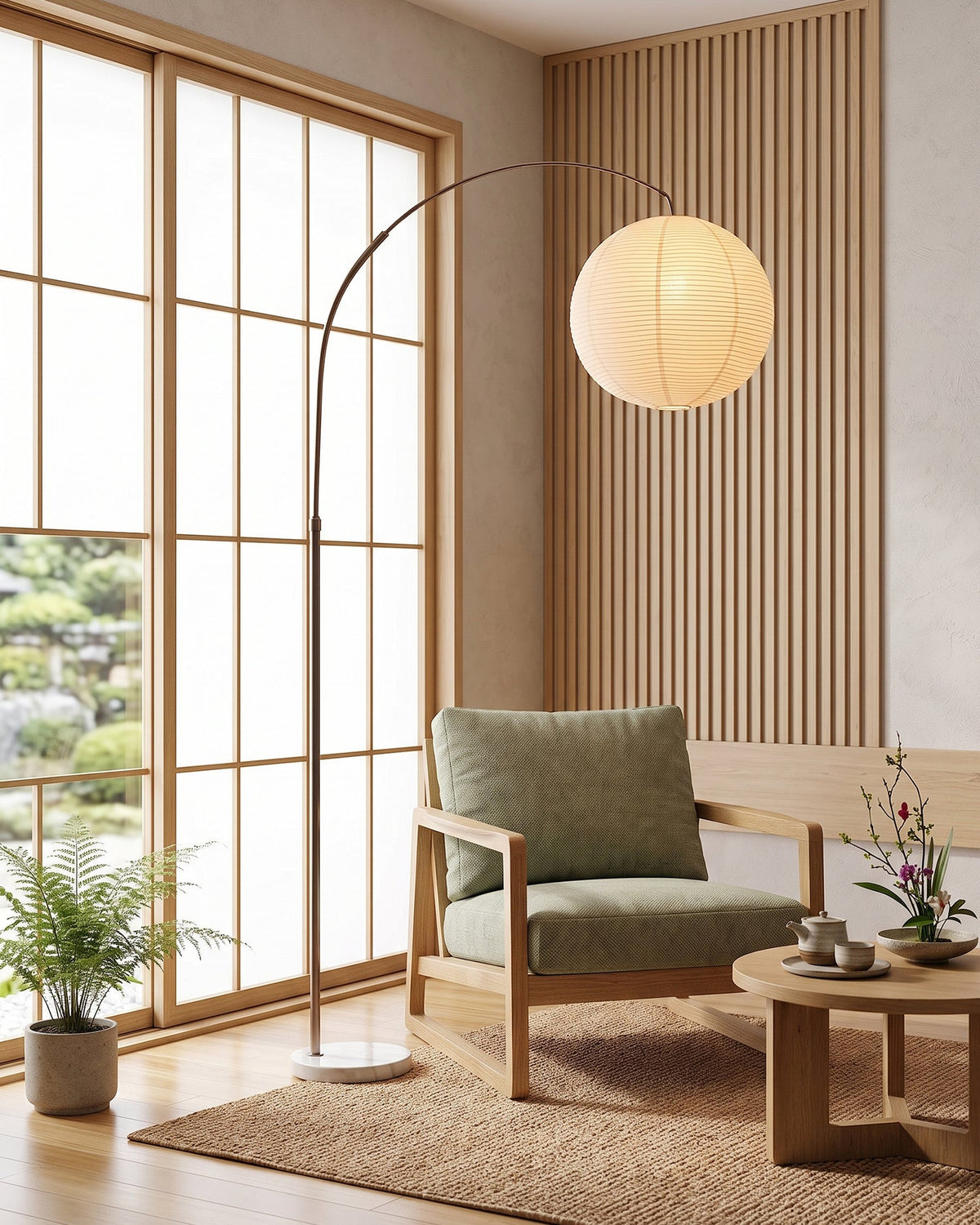 Lámpara de pie de arco con globo de papel Rolanta en un salón de estilo japandi – imagen 14