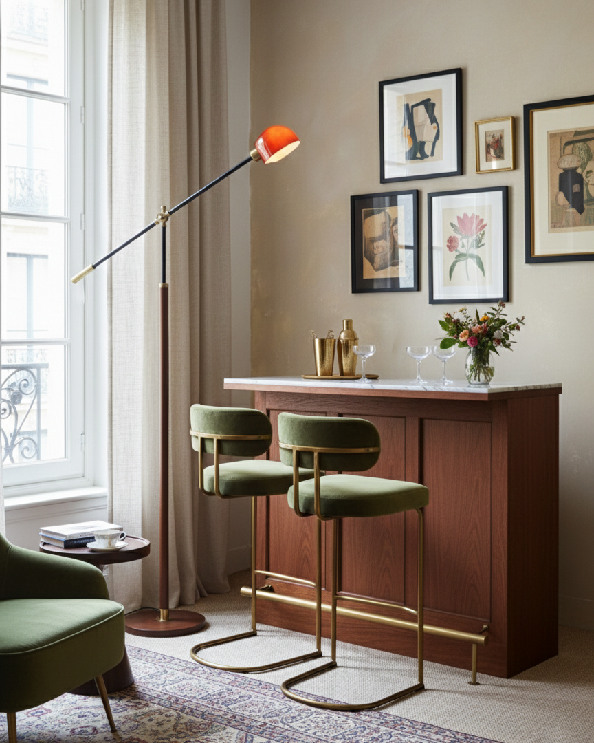 Lámpara de pie con brazo basculante Romanela en un salón de estilo retro – imagen 7