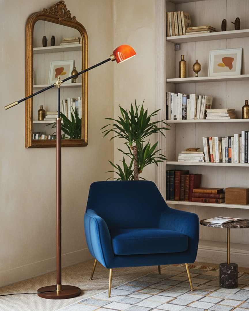 Lámpara de pie con brazo basculante Romanela en un salón de estilo retro – imagen 9