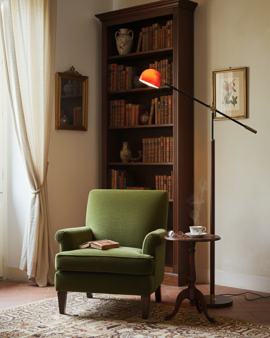 Lámpara de pie con brazo basculante Romanela en un salón de estilo retro – imagen 10