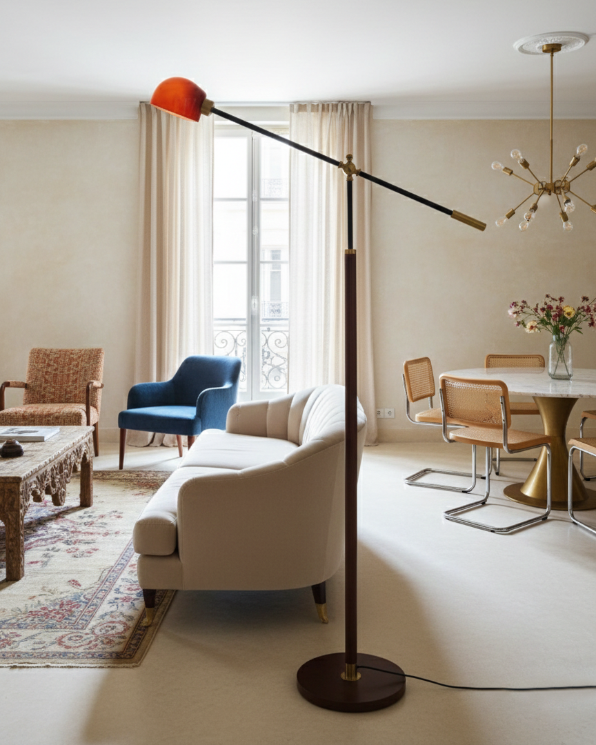 Lámpara de pie con brazo basculante Romanela en un salón de estilo retro – imagen 12