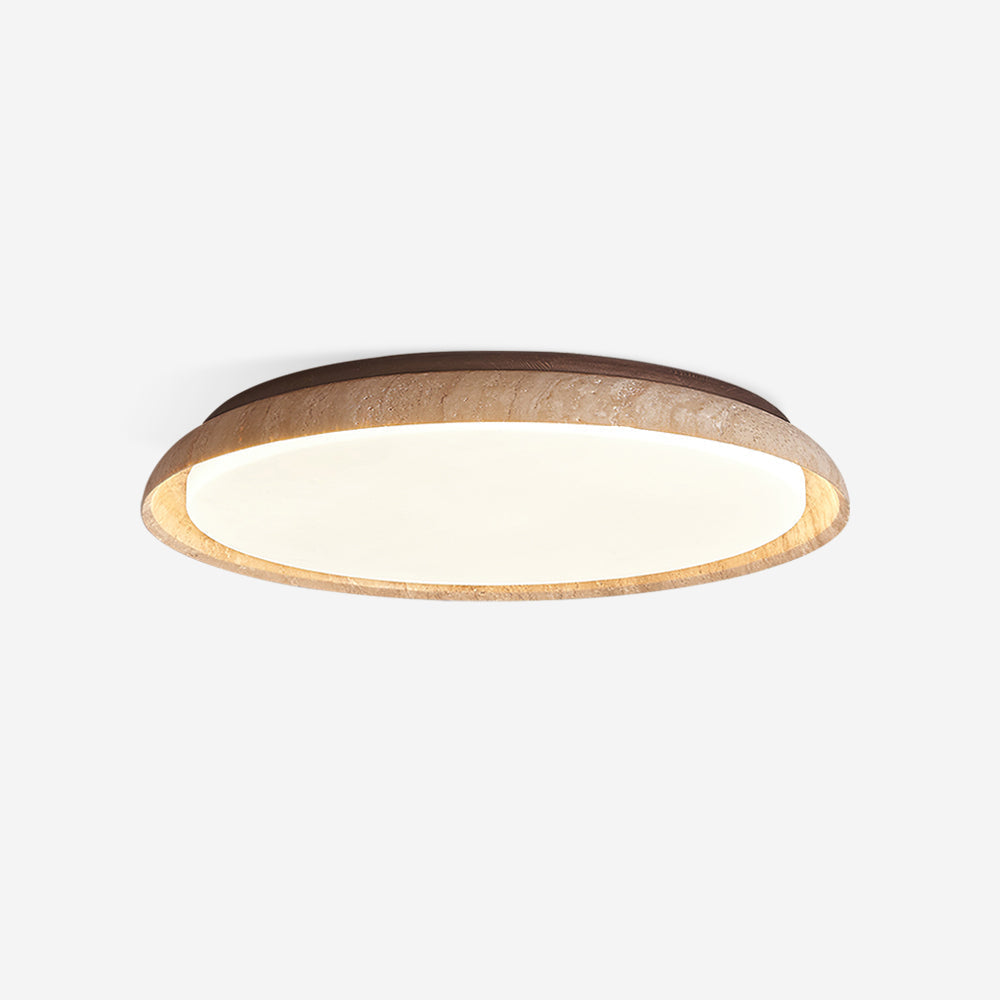 Plafón LED de techo Calerra con aro de travertino en un salón de estilo japandi – imagen 2