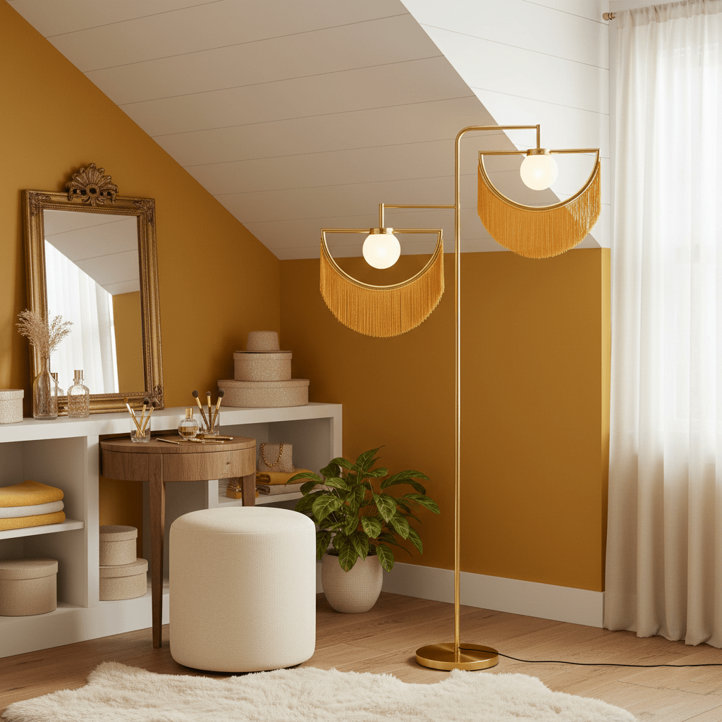 Lámpara de pie con flecos Ruflea en un salón con estilo retro – imagen 9