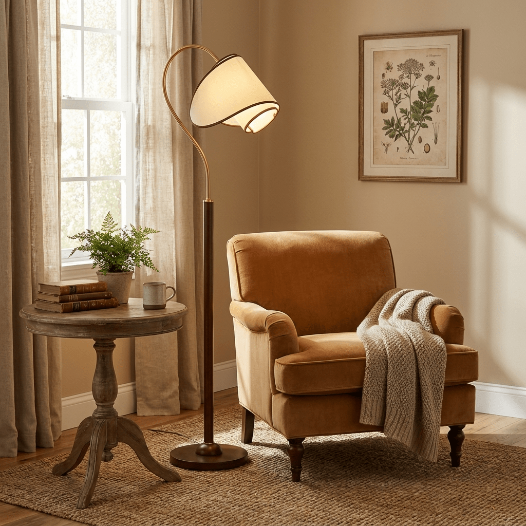 Lámpara de pie de lectura Rulisa – junto a un sillón de terciopelo mostaza